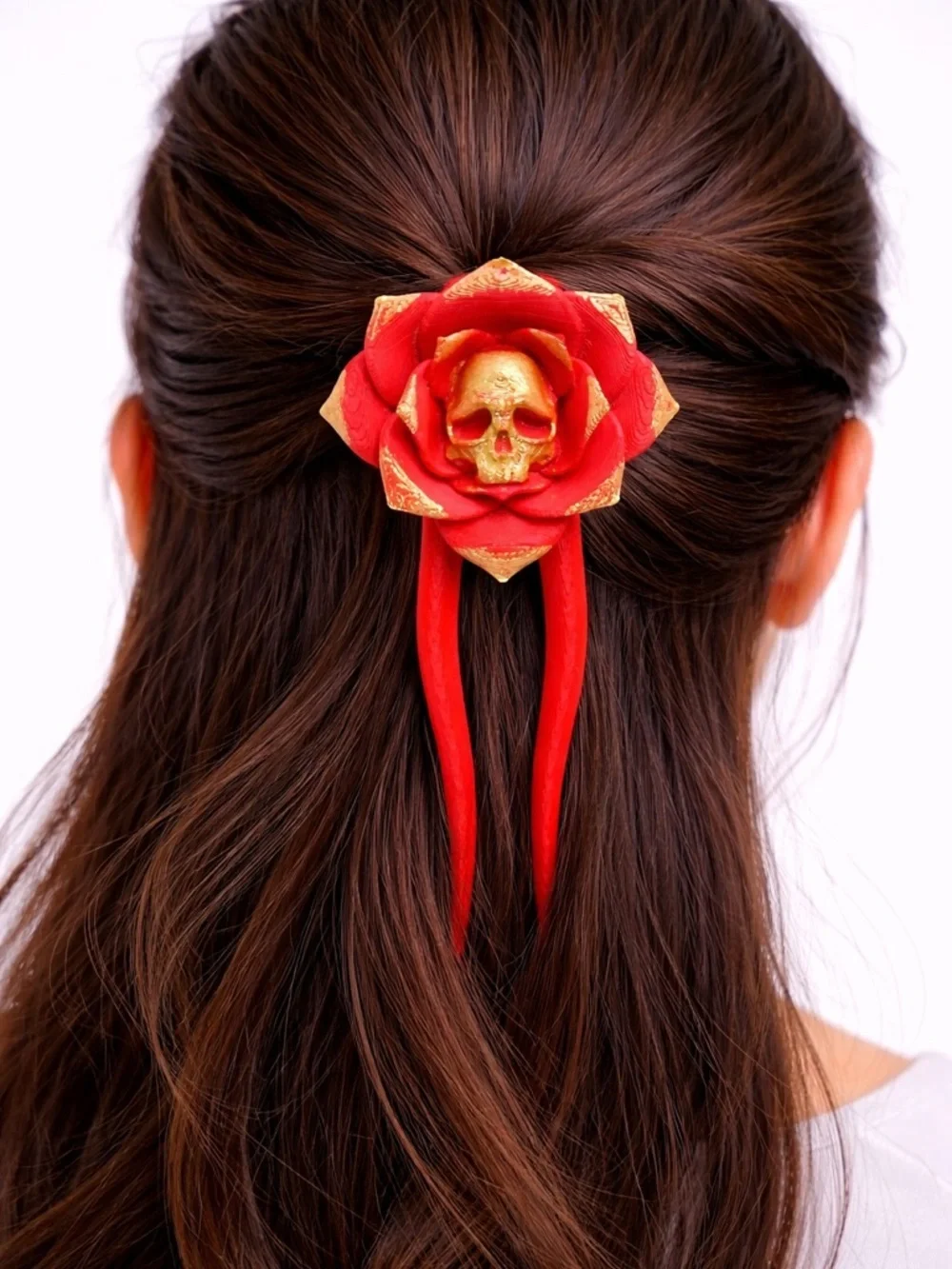 Skull Rose Hair Pin | Hand Painted Red & Gold Gothic Hair Stick | Floral Skull
